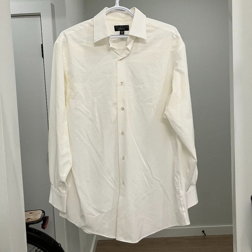 Alfani Regular Fit Dress Shirt 15-15.5 32-33 Ivory Off White Stretch